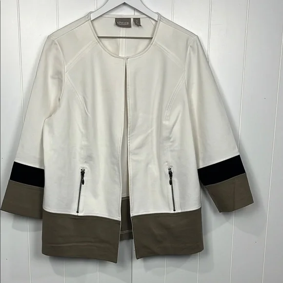 Chico”s Womens Open Front Jacket 2 (L) Cream Tan Black Color Block Ponte Elegant - Picture 1 of 11